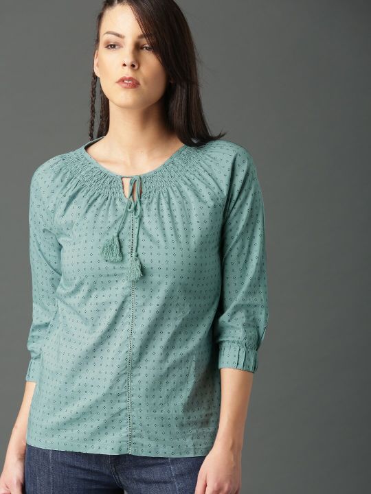 Roadster Blue Geometric Smocked Pure Cotton Top