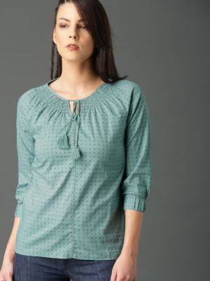 Roadster Blue Geometric Smocked Pure Cotton Top