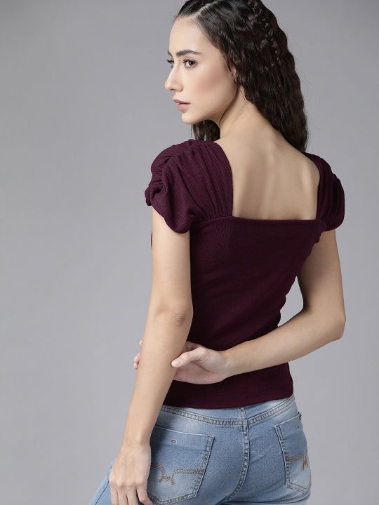 Roadster Burgundy Striped Gathered Fitted Top