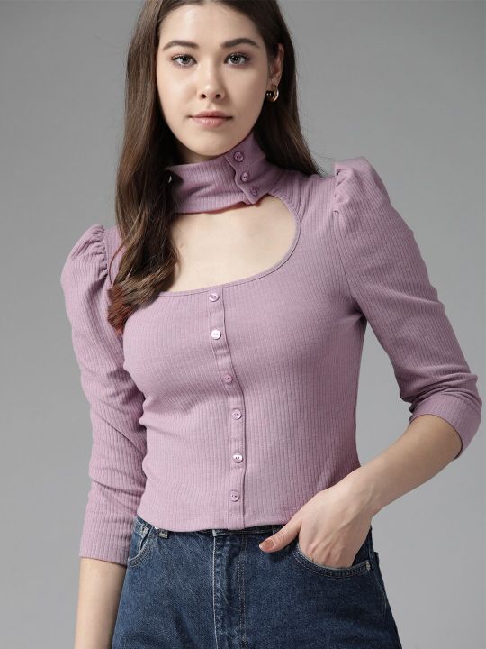 Roadster Lavender Ribbed Top with Puff Sleeves