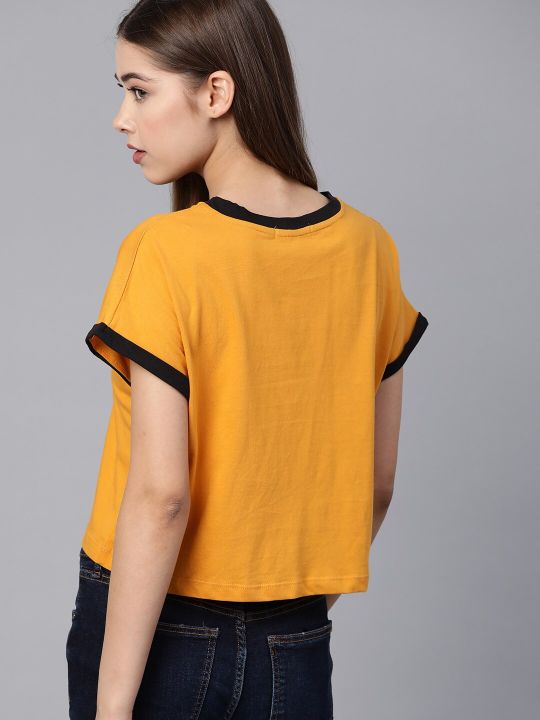 Roadster Mustard Yellow Round Neck Cropped Boxy Top