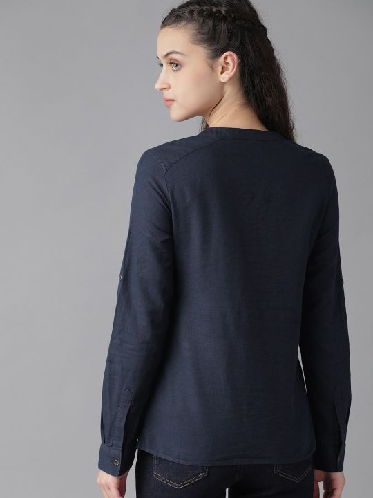 Roadster Navy Blue Solid Mandarin Collar Roll-Up Sleeves Shirt Style Top