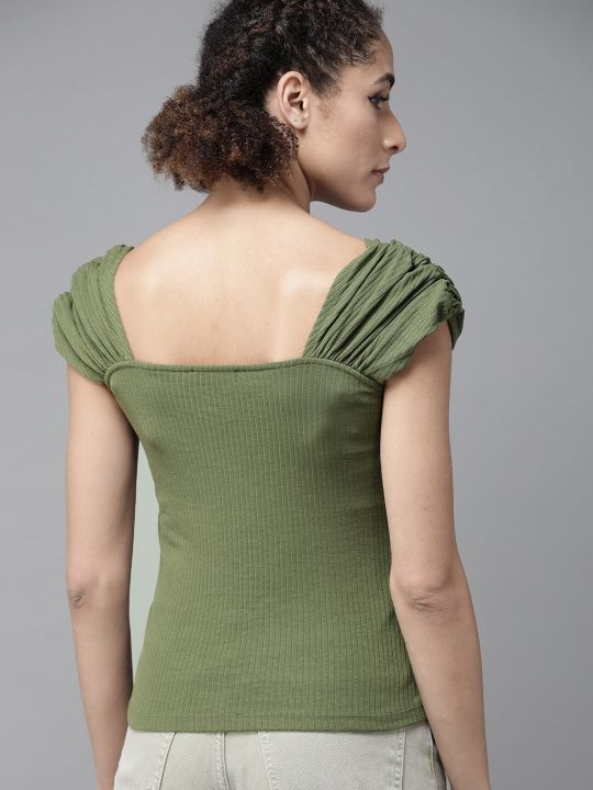 Roadster Olive Green Ribbed Gathered Fitted Top