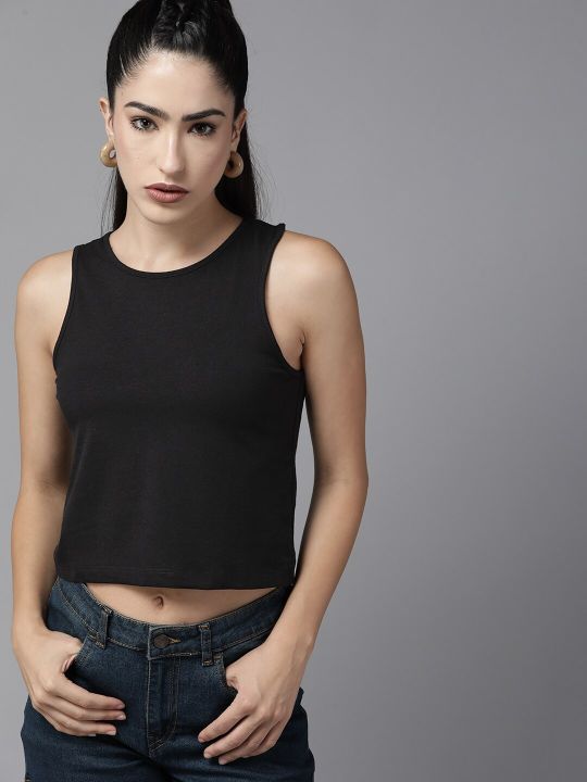 Roadster Black Solid Tank Crop Top