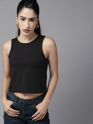 Roadster Black Solid Tank Crop Top