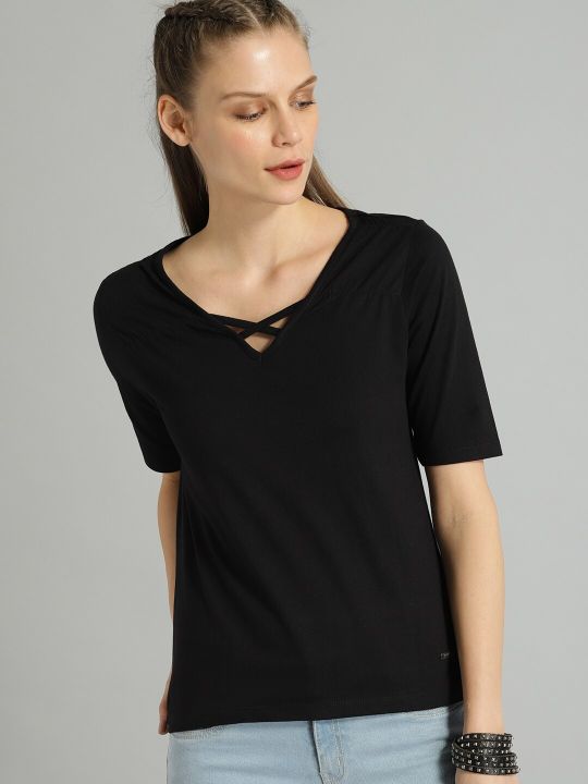 Roadster The Lifestyle Co Women Black Solid Pure Cotton Top