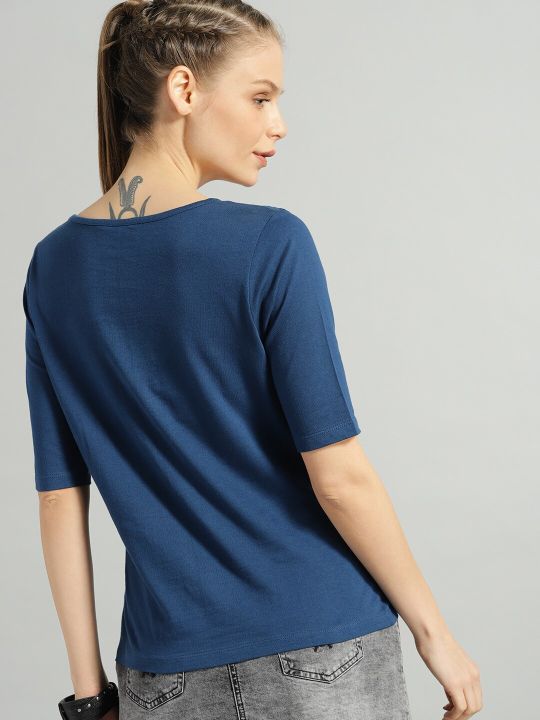 Roadster The Lifestyle Co Women Blue Solid Pure Cotton Top