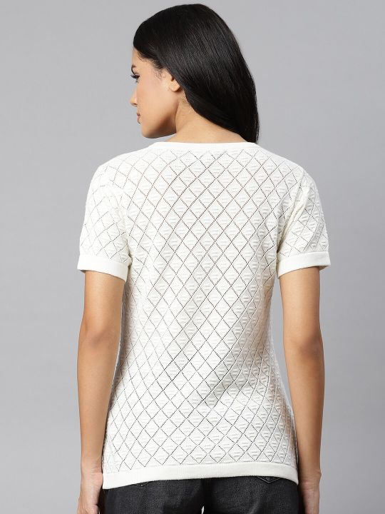 Roadster The Lifestyle Co Women Crochet Knit White Pure Cotton Geometric Regular Top