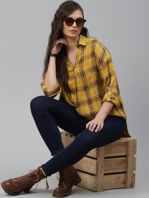 Roadster The Lifestyle Co Women Ecovero Mustard Yellow Black Boxy Checked High-Low Shirt Style Sustainable Top