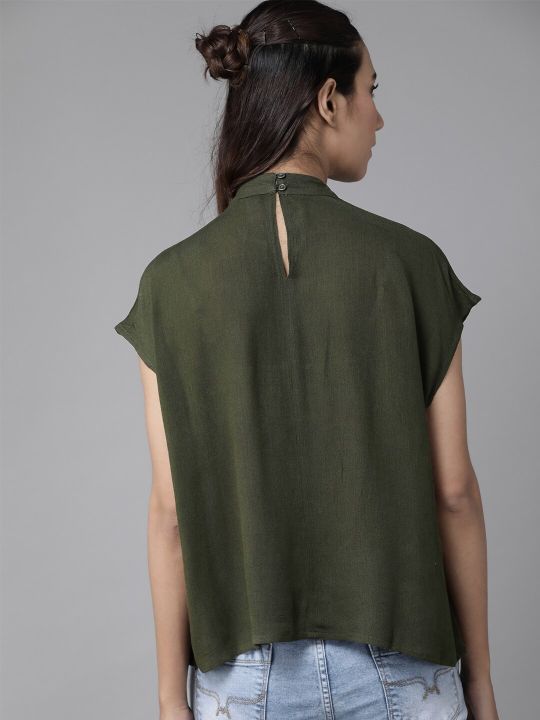 Roadster The Lifestyle Co Women Olive Green Solid Boxy Top