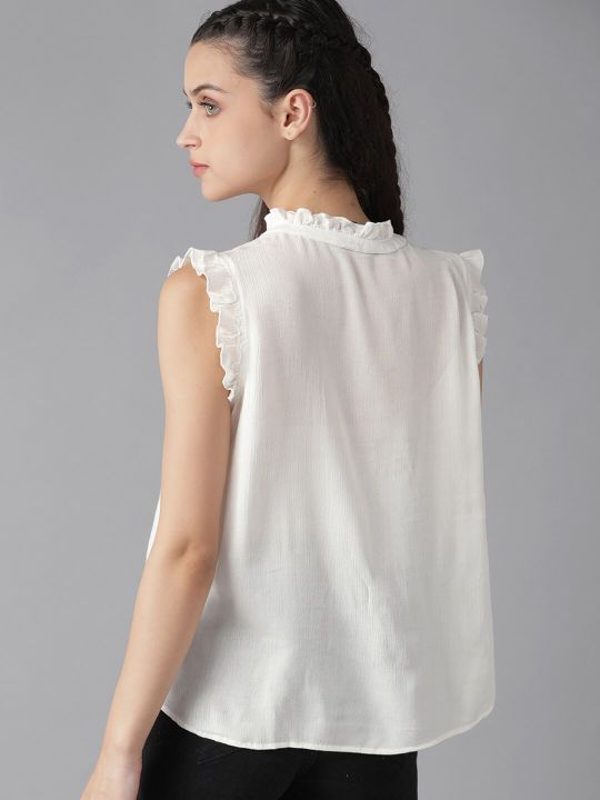 Roadster The Lifestyle Co Women White Solid Tie-Up Neck Sleeveless Regular top