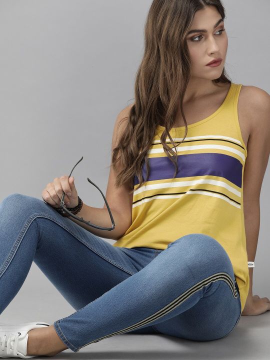 Roadster The Lifestyle Co Women Yellow Navy Blue Striped Pure Cotton Regular Top