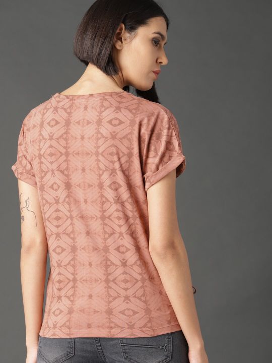 Roadster Women Beige Printed Pure Cotton Top with Tie-up Detail