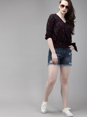 Roadster Women Black Abstract Printed Waist Tie-Up Knitted Wrap Top