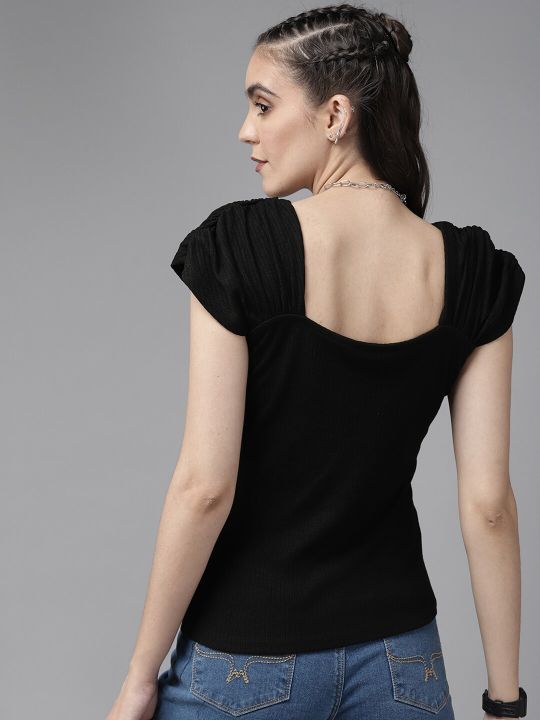 Roadster Women Black Ribbed Ruched Top