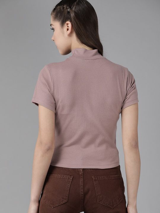 Roadster Women Mauve Solid High Neck Ribbed Top