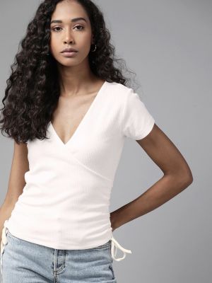 Roadster Women Off-White Ribbed Knitted Wrap Top