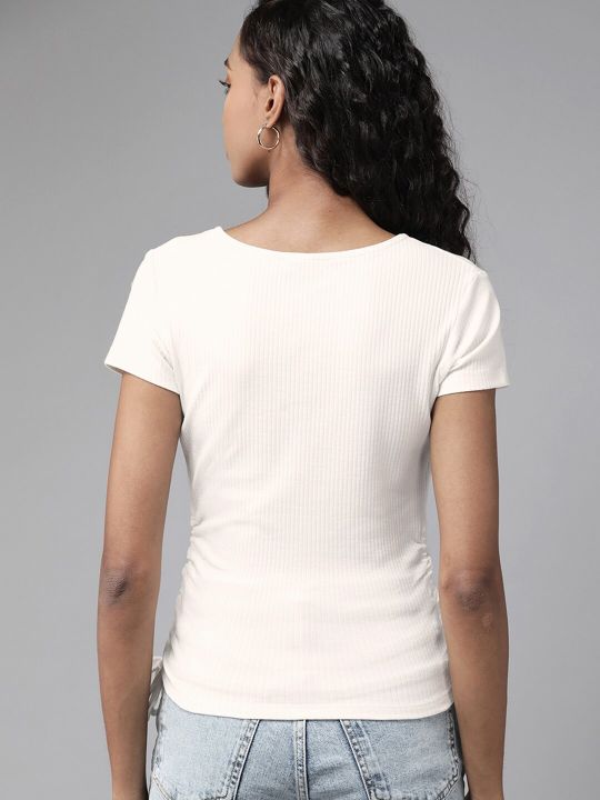 Roadster Women Off-White Ribbed Knitted Wrap Top