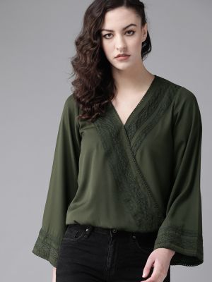Roadster Women Olive Green Lace Insert Wrap Top