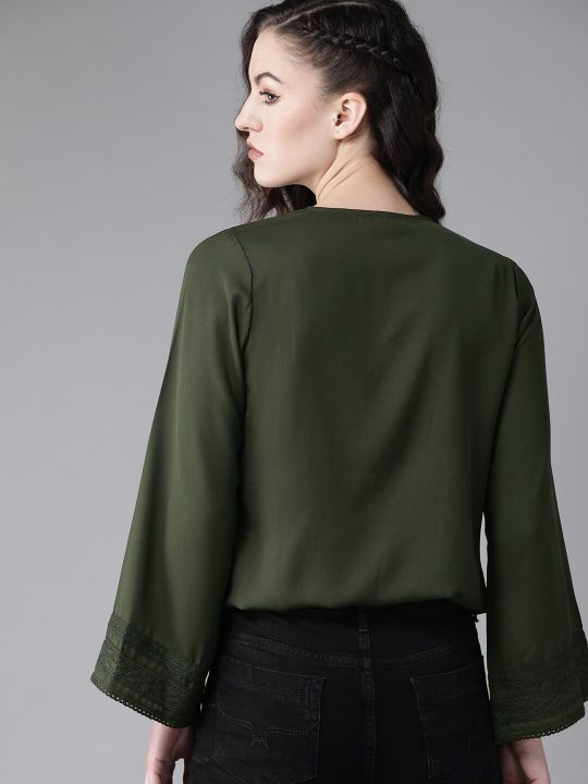 Roadster Women Olive Green Lace Insert Wrap Top