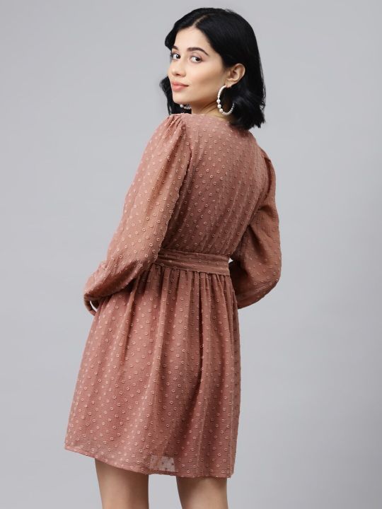 Rose Self Design Dobby Weave Wrap Dress & Belt (SASSAFRAS)