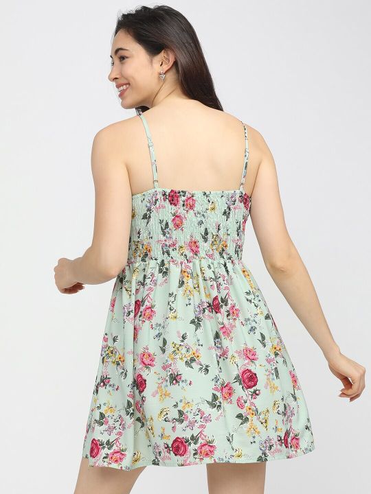 Sea Green & Pink Floral Mini Dress (Tokyo Talkies)