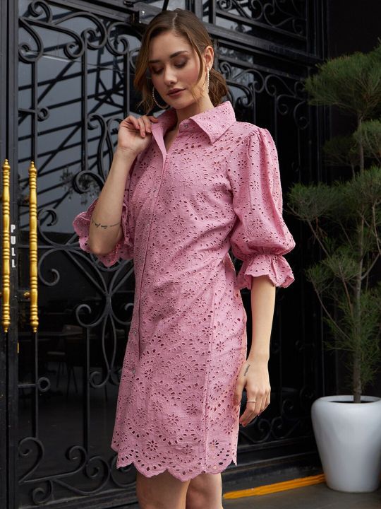 Self Design Schiffli Cotton Shirt Dress (Athena)