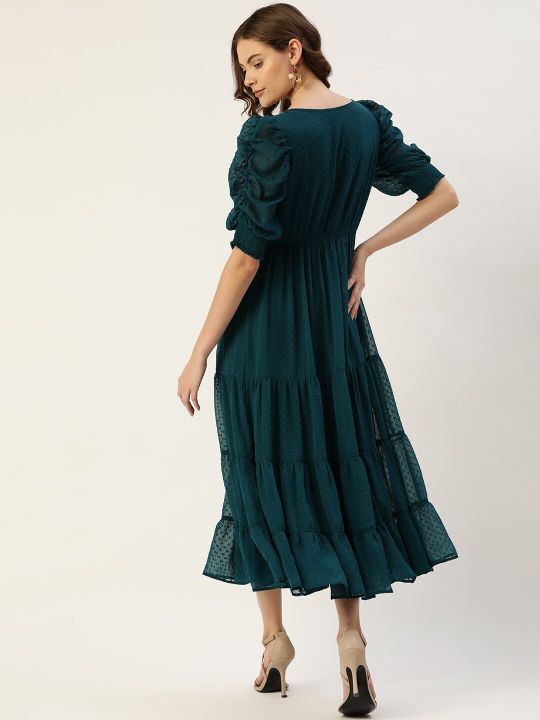 Teal Green & Brown Floral Dobby Woven Embellished Maxi Tiered Dress (Antheaa)