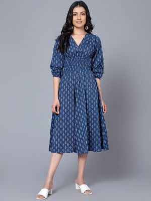 V-Neck Ethnic Motifs A-Line Midi Dress (Bani Women)