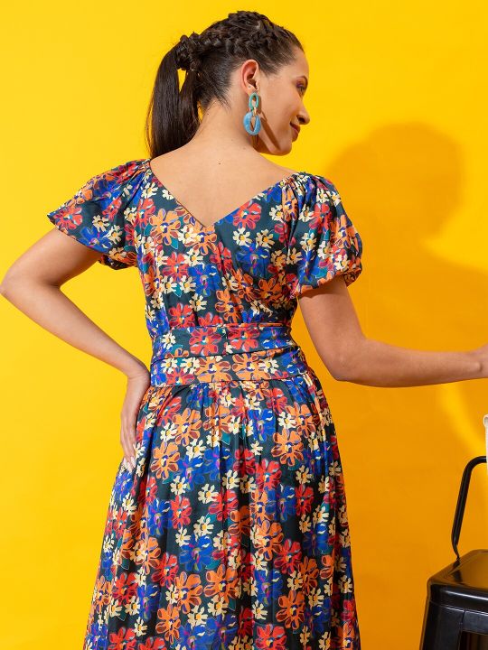 V-Neck Floral Tiered Belted Maxi Dress With Puff Sleeves (Stylecast X Hersheinbox)