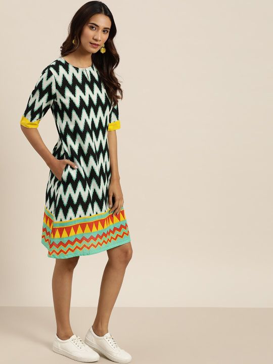White & Black Chevron Print Pure Cotton A-Line Dress (Sangria)