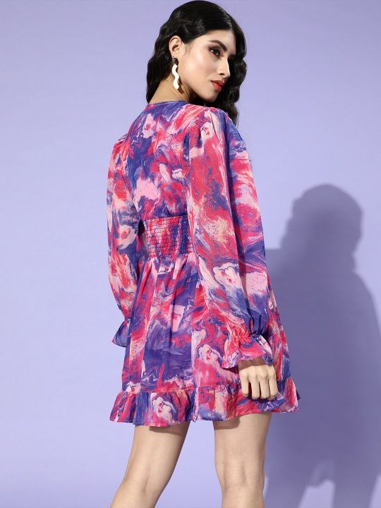 Women Blue Abstract Smocked Dress (plusS)