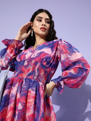 Women Blue Abstract Smocked Dress (plusS)
