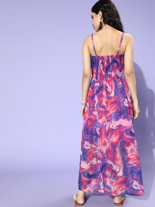 Women Blue Floral Smocked Dress (plusS)