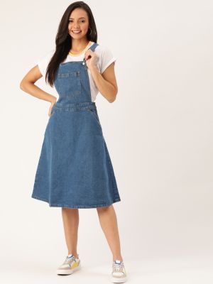 Women Blue Solid Denim Pinafore Dress (DressBerry)