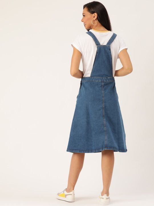 Women Blue Solid Denim Pinafore Dress (DressBerry)