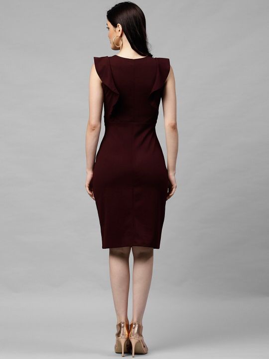 Women Burgundy Solid Sheath Dress (Athena)
