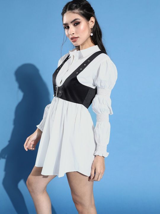 Women Classy White Solid Smocked Dress (STREET 9)
