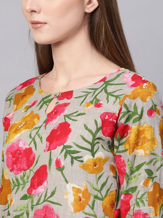 Women Grey & Pink Floral Print Straight Kurta (AHIKA)