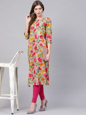 Women Grey & Pink Floral Print Straight Kurta (AHIKA)