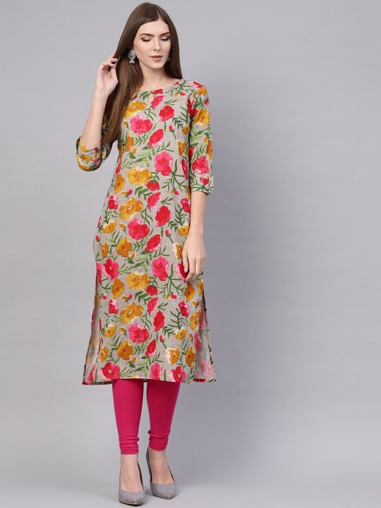 Women Grey & Pink Floral Print Straight Kurta (AHIKA)
