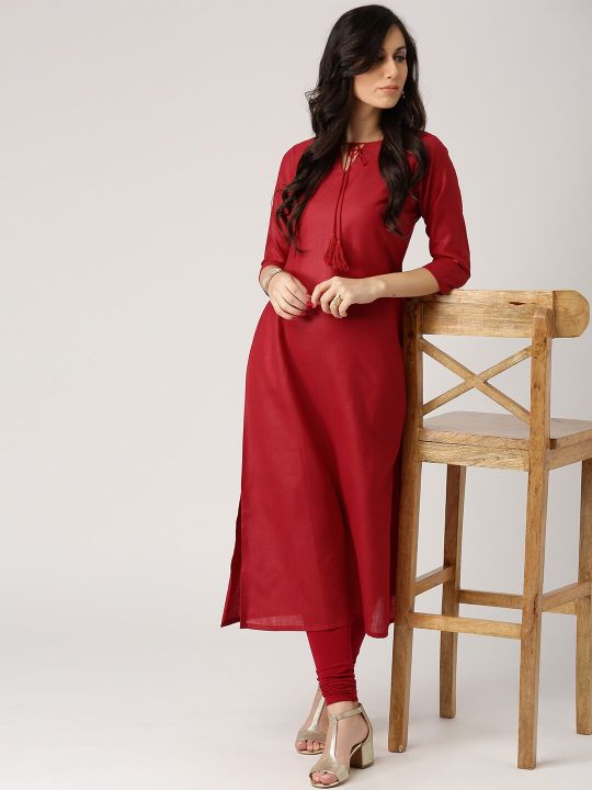 Women Maroon Solid Straight Kurta (Libas)