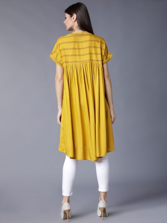 Women Mustard Printed A-Line Kurta (Vishudh)