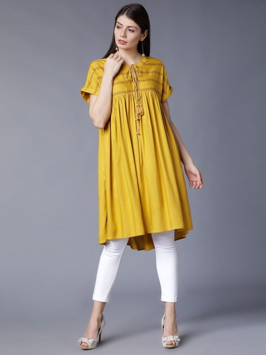 Women Mustard Printed A-Line Kurta (Vishudh)