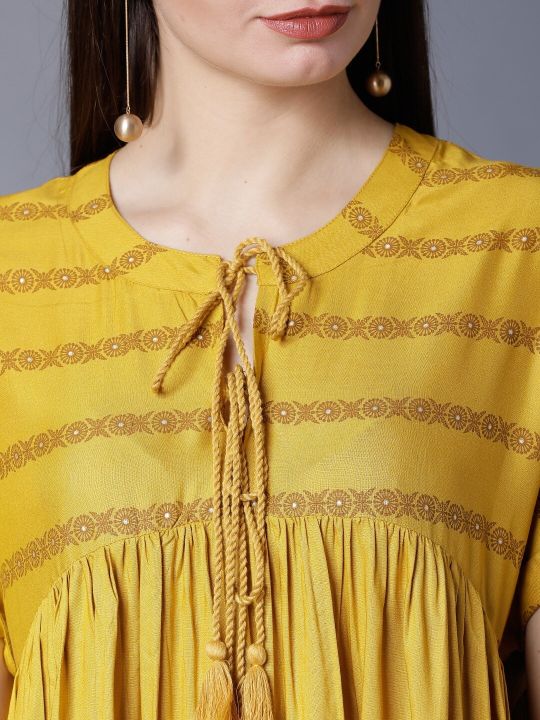 Women Mustard Printed A-Line Kurta (Vishudh)