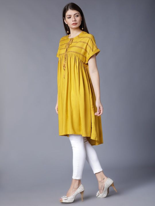 Women Mustard Printed A-Line Kurta (Vishudh)