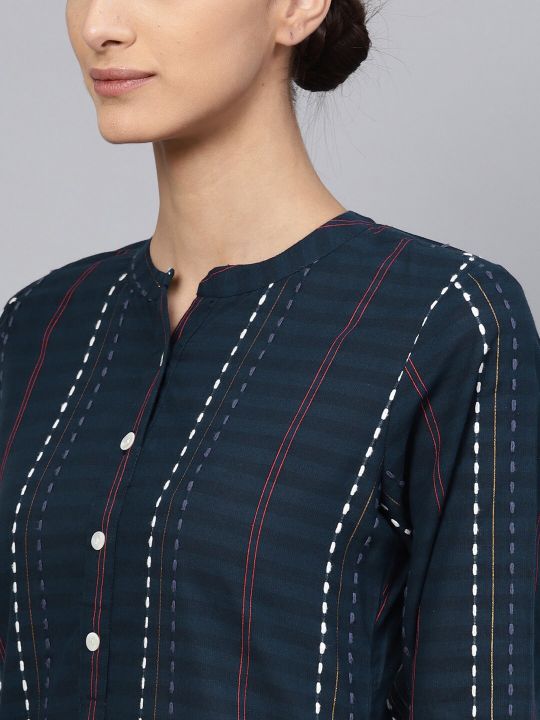 Women Navy Blue Striped Straight Kurta (Libas)