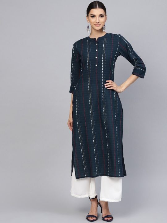 Women Navy Blue Striped Straight Kurta (Libas)