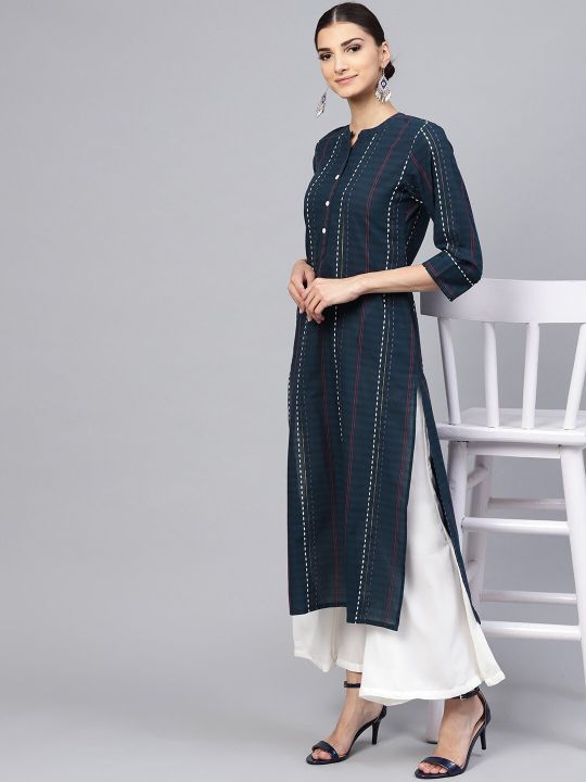 Women Navy Blue Striped Straight Kurta (Libas)