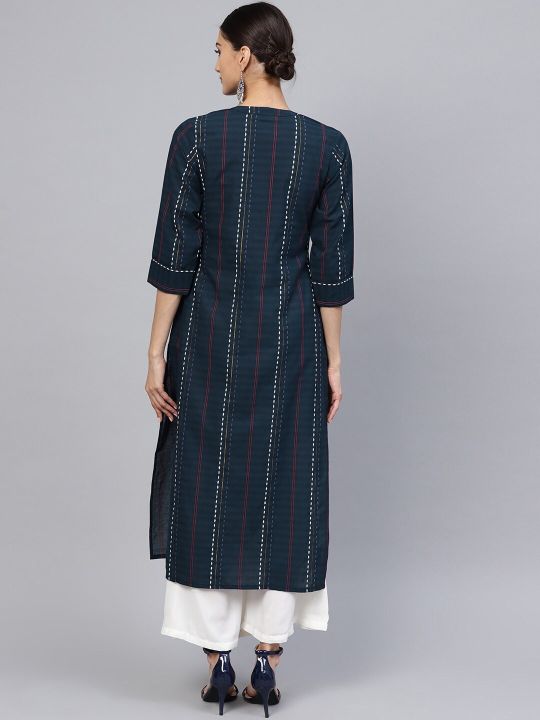 Women Navy Blue Striped Straight Kurta (Libas)